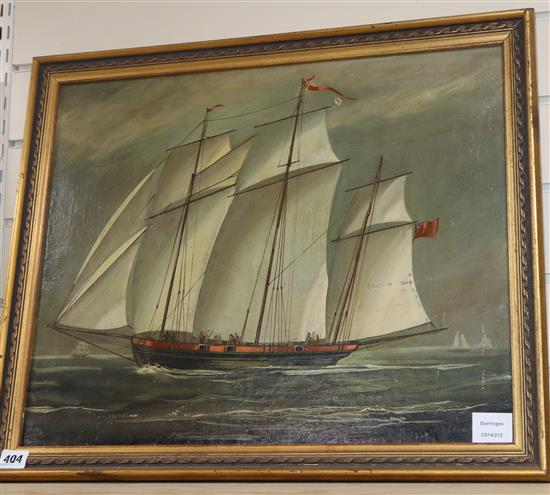 English School c.1900, oil on canvas, Schooner at sea, 44 x 54cm